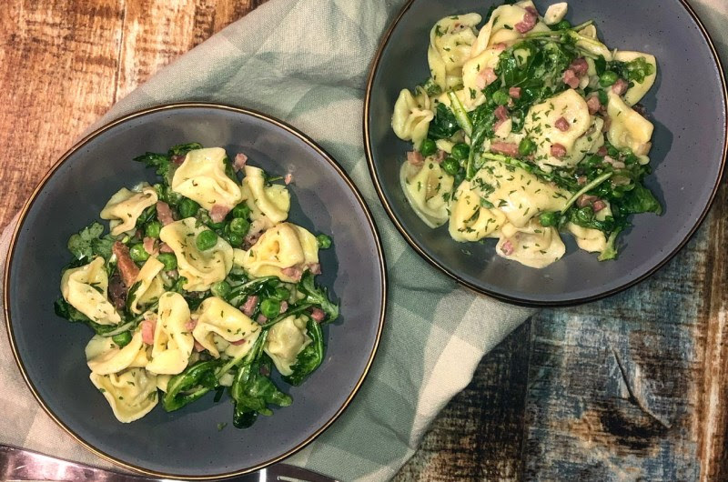 Easy Cheese Tortellini with Pancetta and Peas