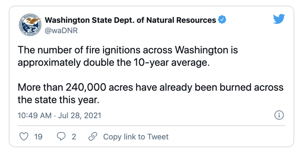 According to Washing DNR, the number of fires ignitions across washing is approximately double the 10-year average. 