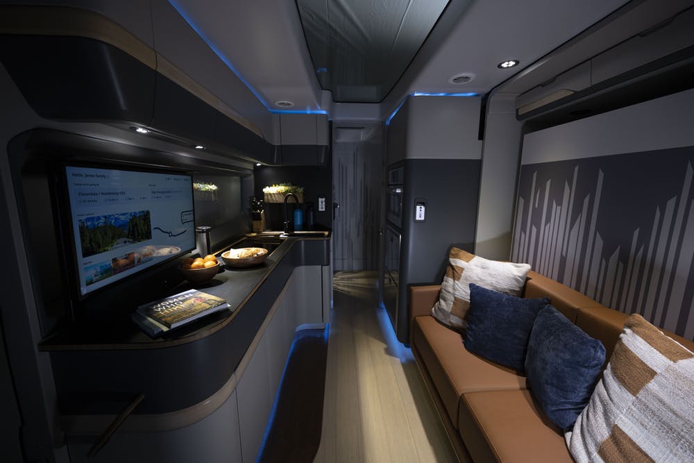 The interior of Thor's TVV Electric RV features touch screens, Alexa integration, and recycled and renewable materials. 