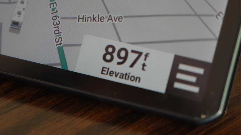 The bottom right corner of the Garmin RV 795 can show lots of different options, like time of arrival, miles to destination, elevation, and more. But you only see one at a time. 