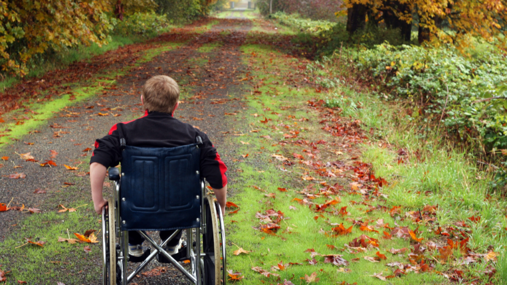 A wheelchair user on an accessible trail. 